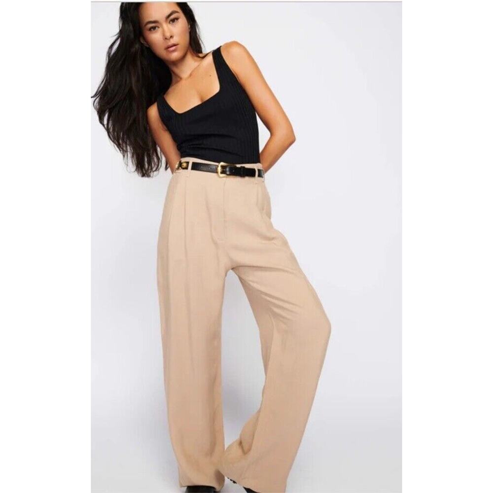 Nation Ltd Del Pants Rayon/Linen Tan Pants, Vintage Cut Wide Leg High Waist Sz M